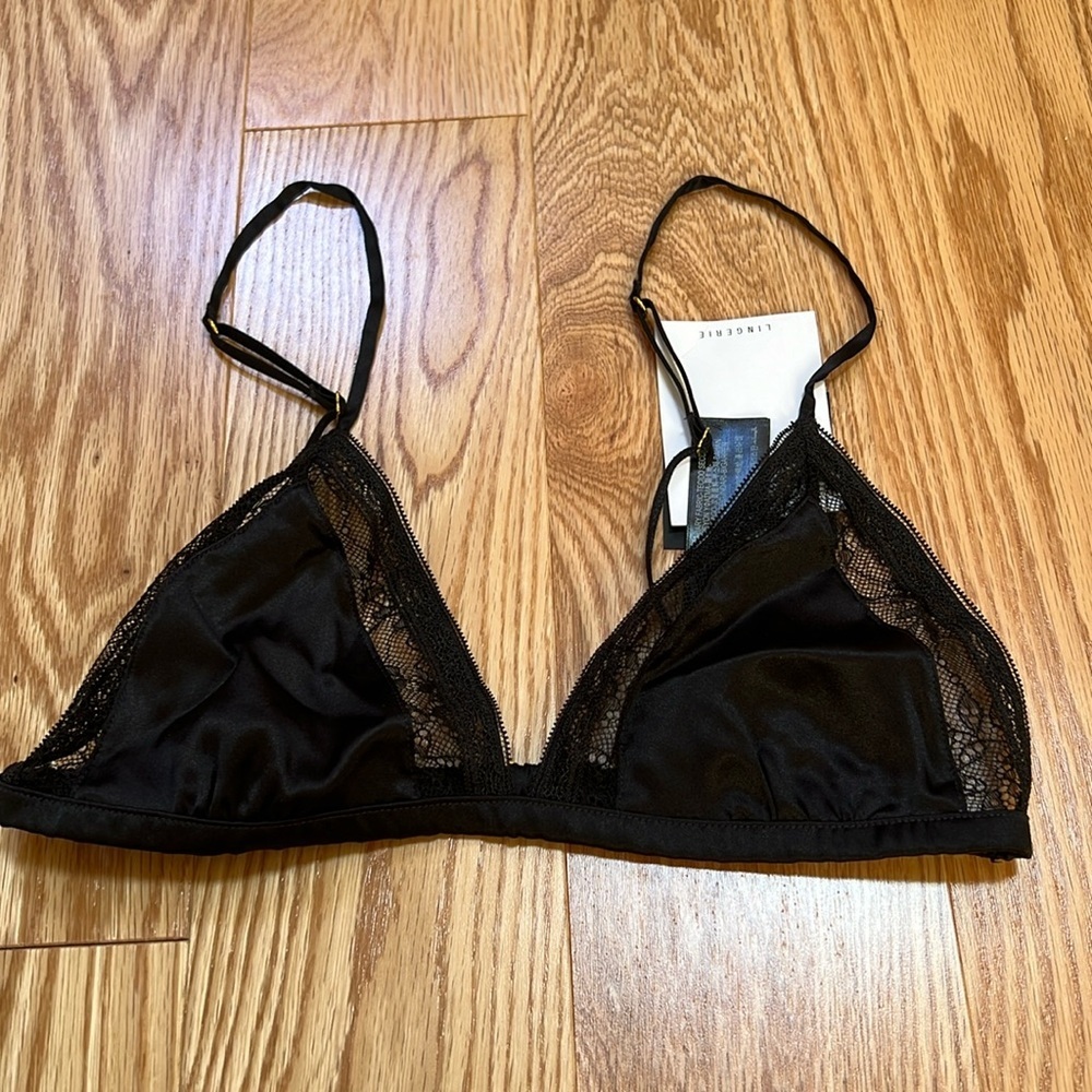 New! Zara medium black satin effect lace trim triangle bra.